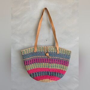 Vintage Striped Raffia Basket Tote Pink Purple Turquoise 16x10
